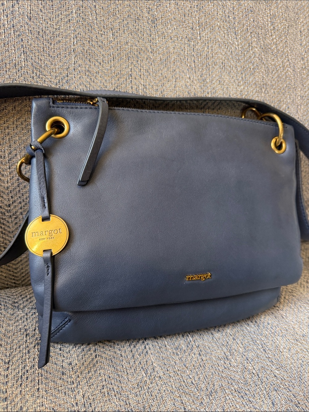 Margot Women’s Blue Leather Double zipper Crossbody Bag